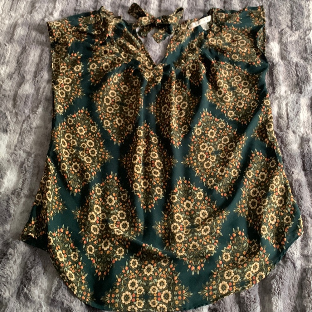Lauren Conrad Forest Green Floral Blouse | Size XS